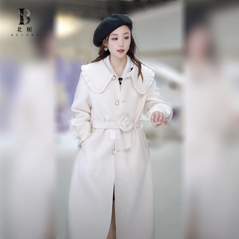 【北栀】木耳边娃娃领单排扣呢大衣573128