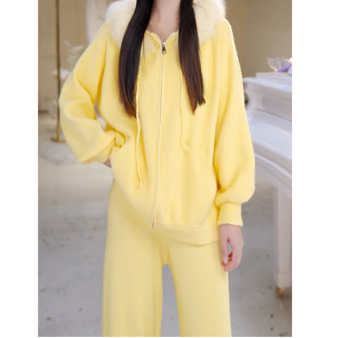 【北栀】【半岛咖啡】简约开衫带帽带毛毛衣两件套813184+813185