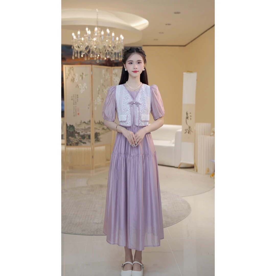 【北栀】【绿野仙踪】假两件国风撞色马甲盘扣天丝连衣裙 800664