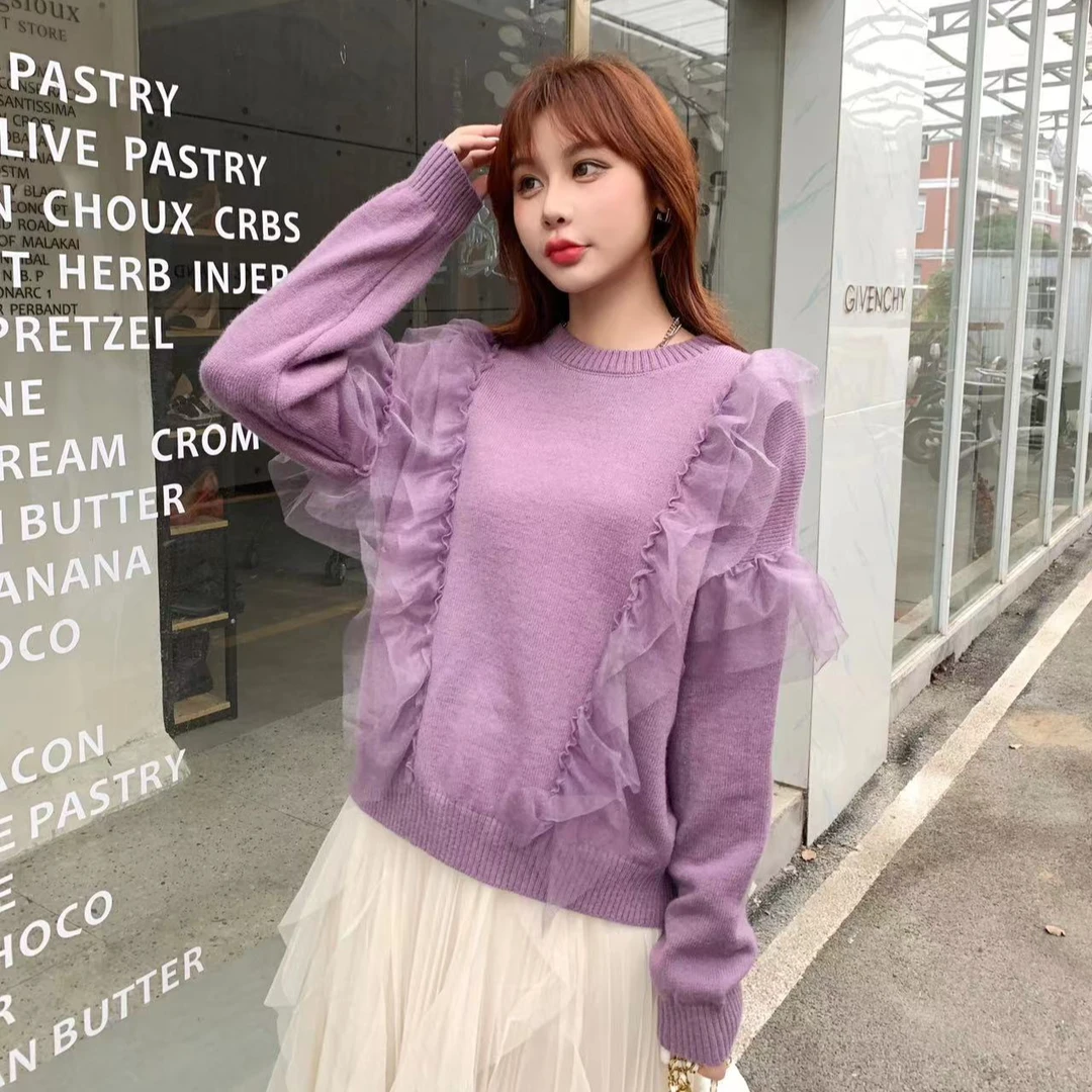 【北栀】蕾丝花边圆领套头毛衣811249