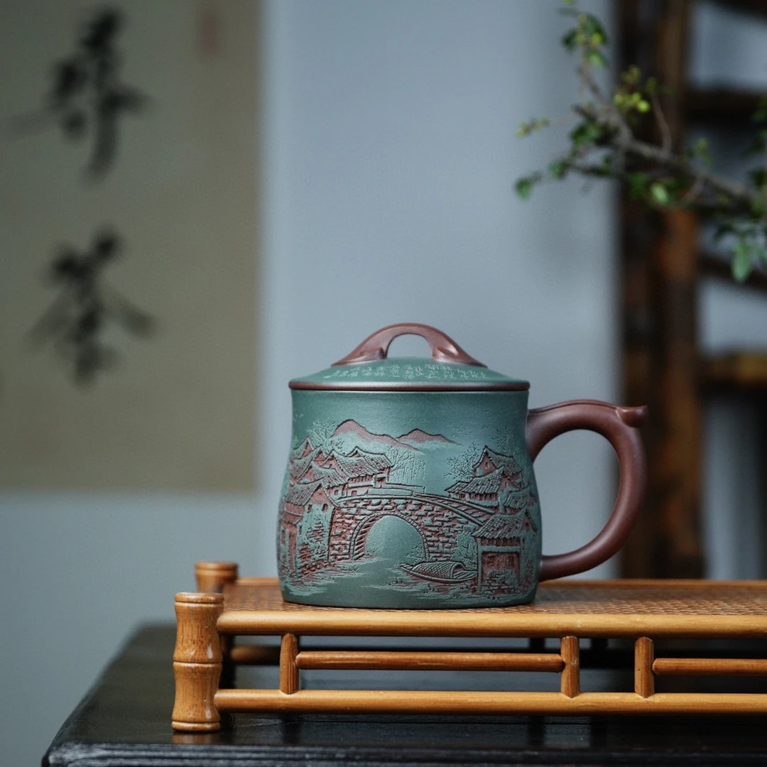 宜兴紫砂杯储立强高端盖杯主人杯办公杯紫砂壶易人刻绘江南情愫