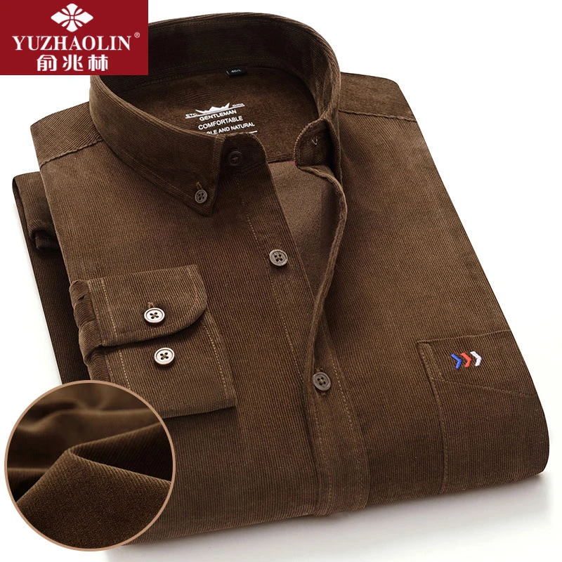 春秋灯芯绒衬衫男长袖纯棉青年纯色休闲修身条绒全棉衬衣宽松大码