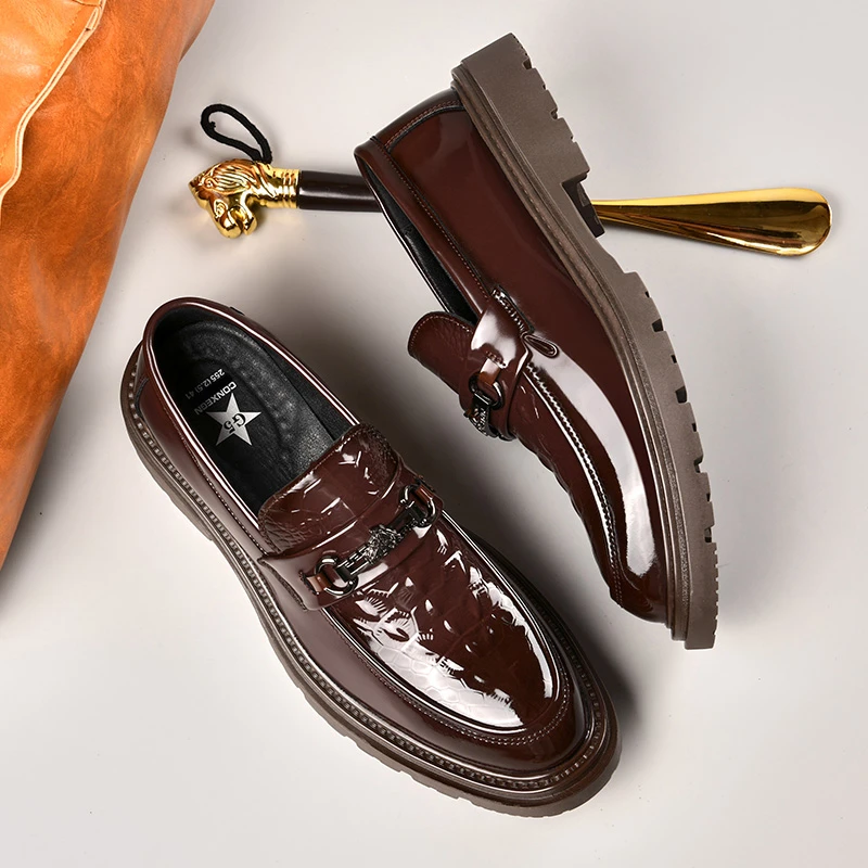 新款商务休闲乐福鞋正装皮鞋男士时尚厚底一脚蹬鳄鱼纹男鞋85155