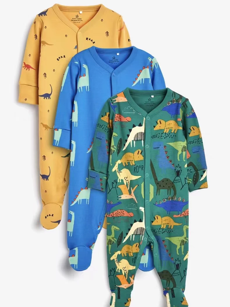 现货3件英国next童装春秋季男宝宝婴儿恐龙卡通印花纯棉连体衣