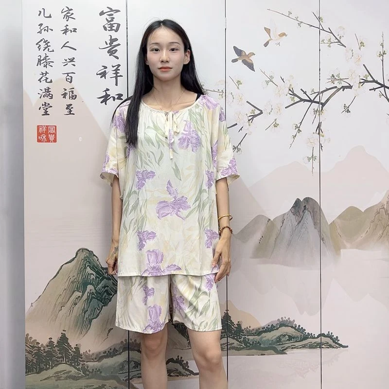 夏季短袖棉绸女士两件套装薄款宽松大码绵绸韩版短袖短裤人造棉
