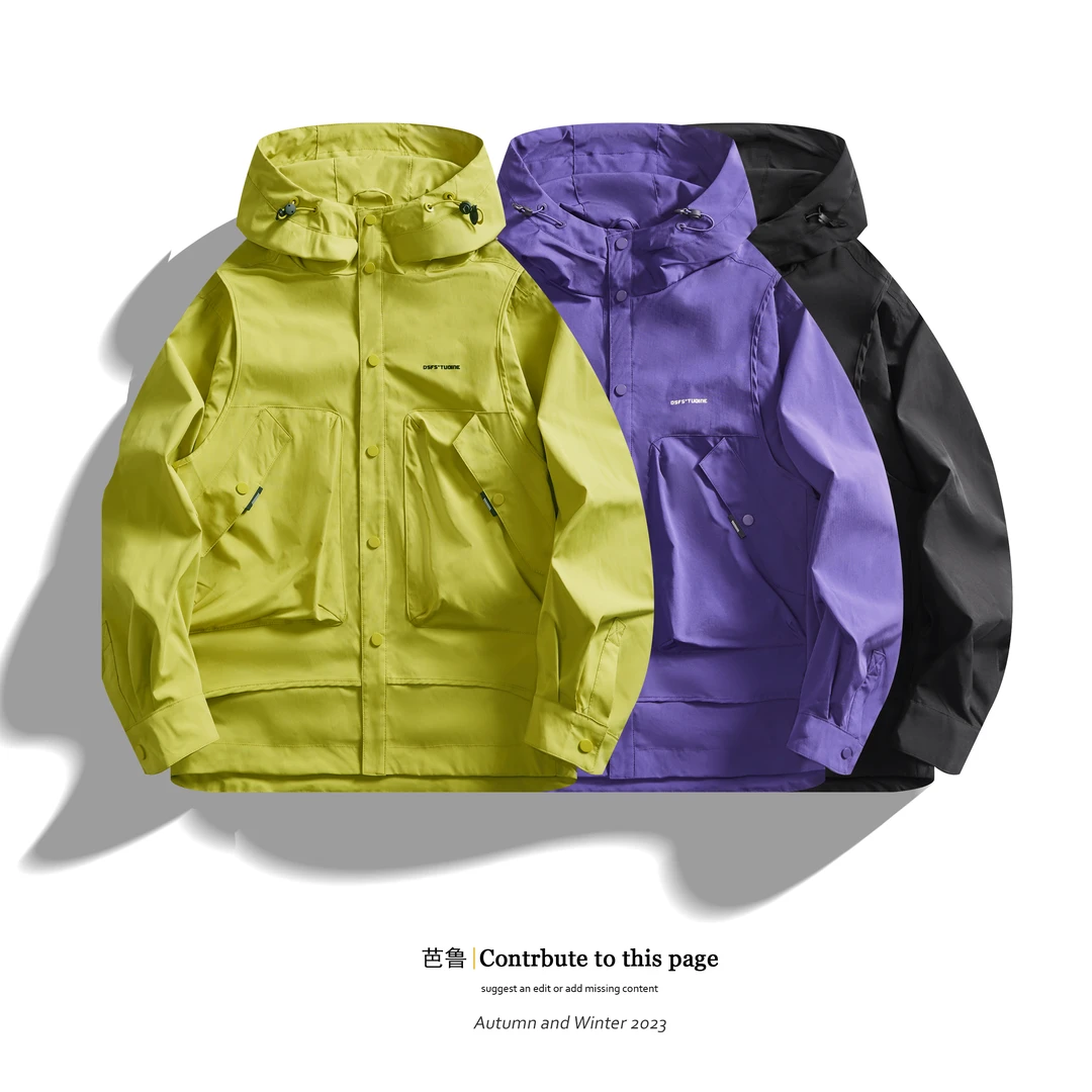 春秋季新款连帽时尚百搭短款夹克男休闲宽松大兜冲锋衣外套男春秋