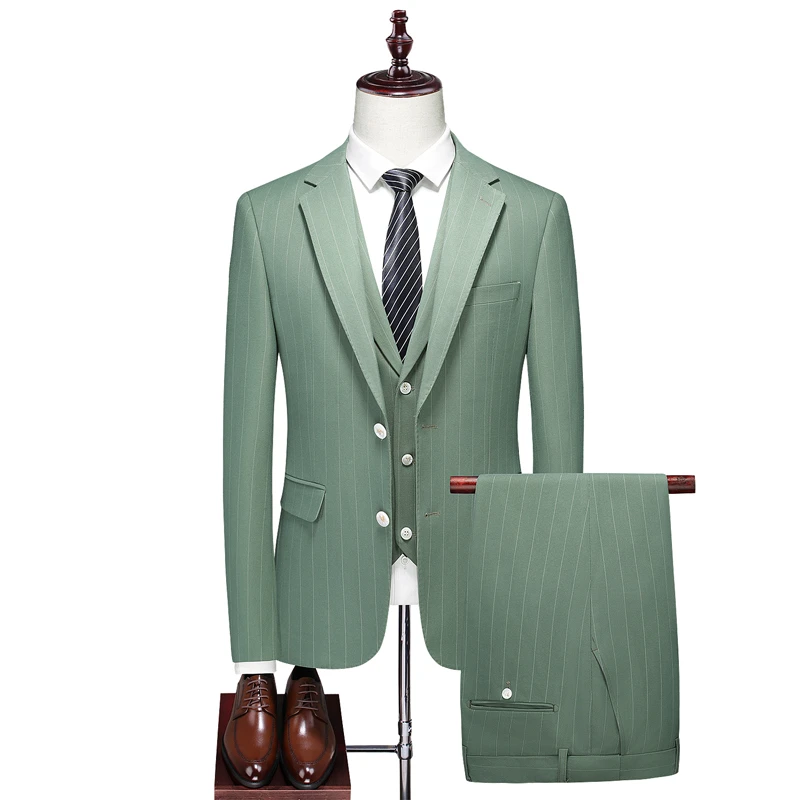 春季男士商务休闲条纹西装套装新郎结婚礼服修身大码西服三件套男