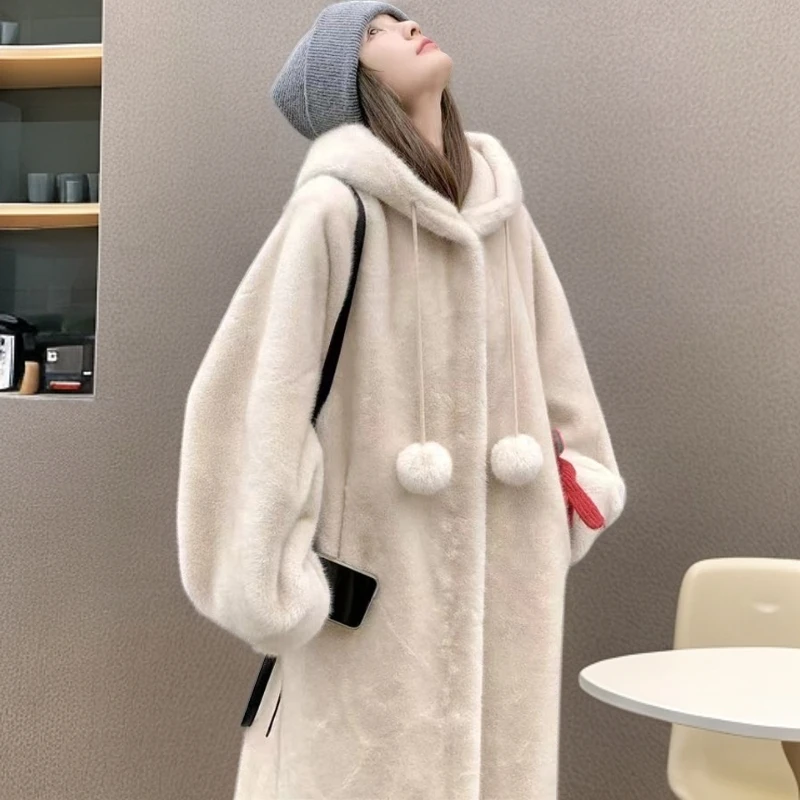 秋冬季连帽加厚女巫长款环保毛绒大衣仿皮毛一体外套
