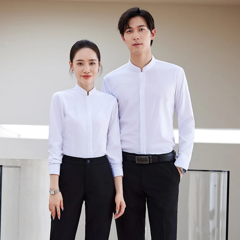 立领中式职业衬衫男女气质长袖中山装白色免烫衬衫工作服刺绣logo