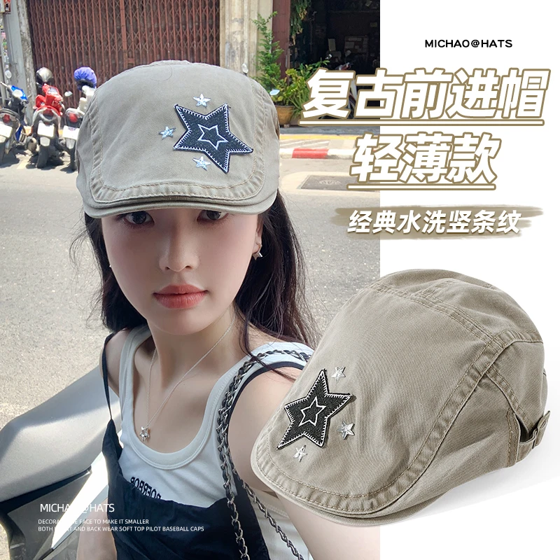 弥潮新款美式复古牛仔前进帽子女大头围画家贝雷帽显脸小报童帽潮