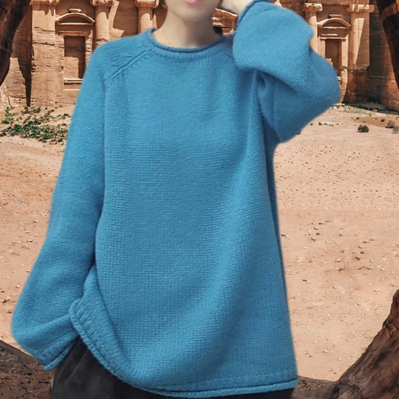 【嫭嫭服饰】100%纯羊毛衫 时尚百搭卷边领 加厚粗针 韩系风格 必拍