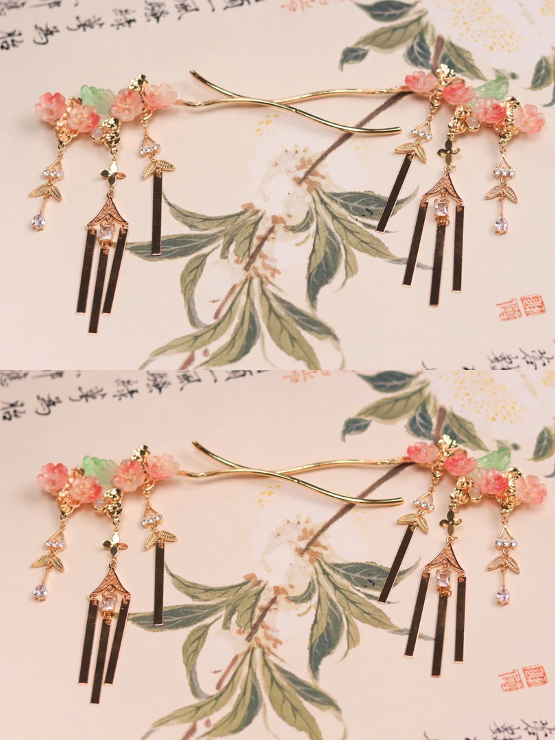 花小烟【寻春信】纯铜保色花朵流苏发钗春日汉服古风配饰手工饰品