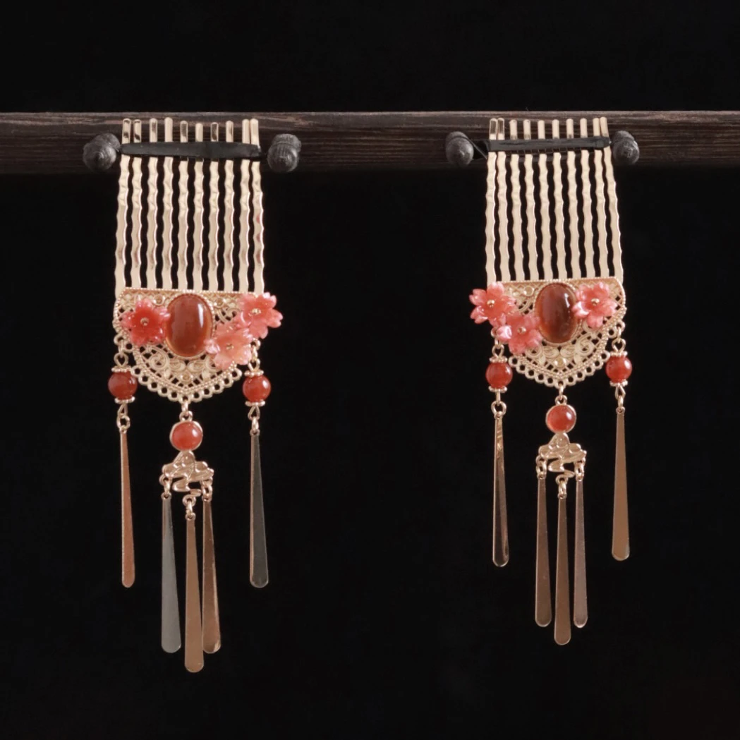 花小烟【红裳】纯铜醋酸花朵唐风掩鬓发梳 唐风百搭汉服古风配饰