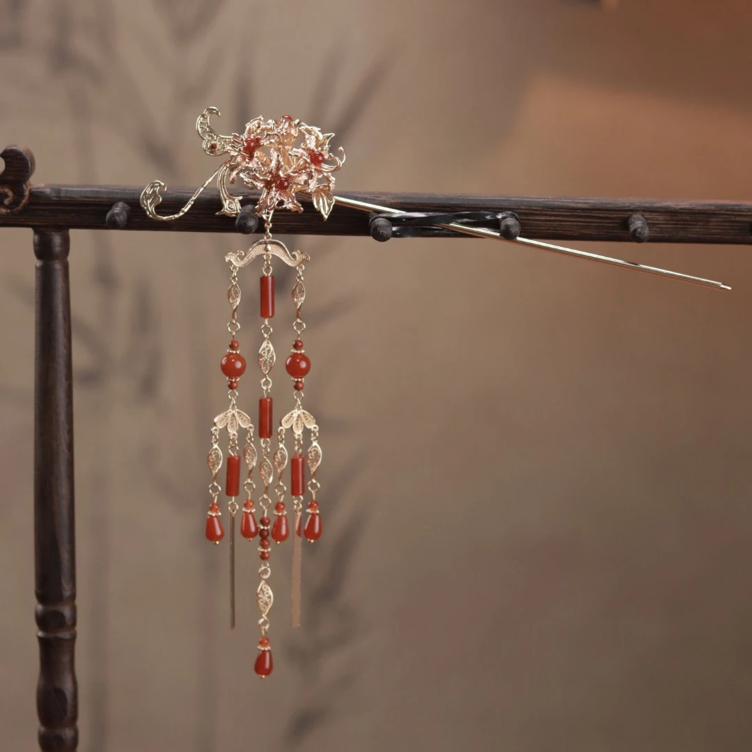 花小烟【朱砂痣】纯铜高保色红色可拆卸流苏百搭汉服头饰古风配饰