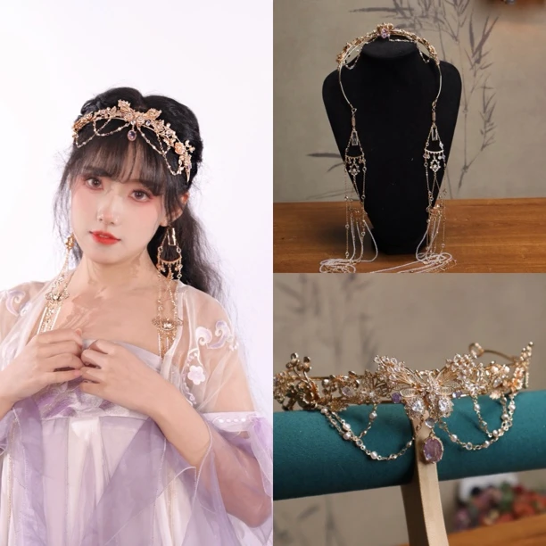 花小烟【蝶语】纯铜锆石日常百搭汉服发箍可拆卸超长流苏古风配饰