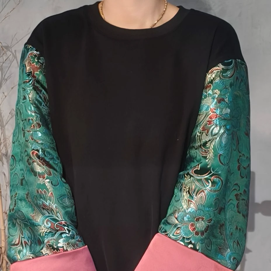 复古文艺拼接新中国风印花长袖卫衣 50211