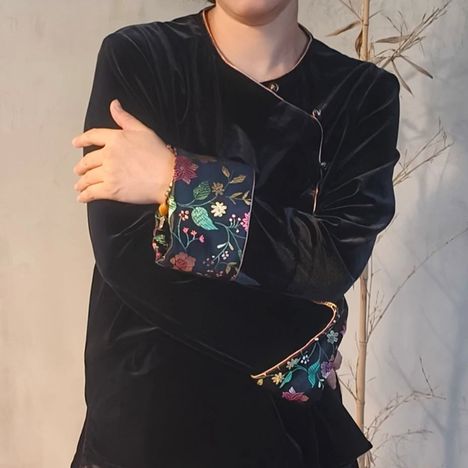 复古文艺新中式斜襟丝绒拼接国风小衫 50436