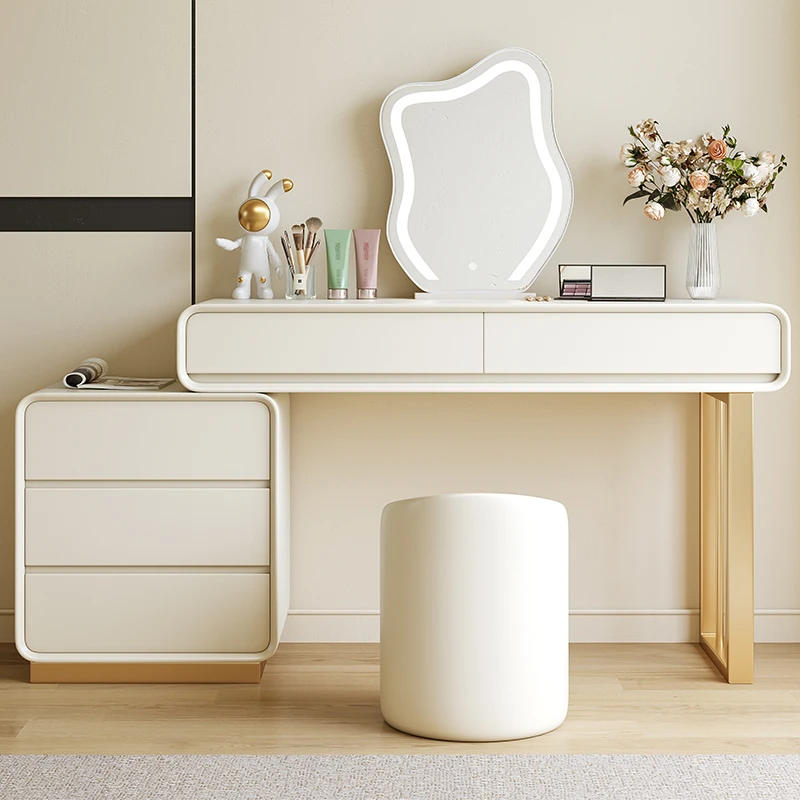 网红ins实木梳妆台奶油风带灯化妆台现代简约可伸缩化妆桌转角柜