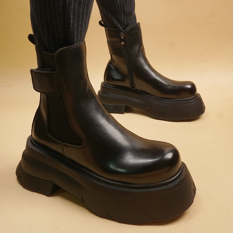 秋冬季烟筒切尔西马丁靴英男士松糕鞋真皮靴子厚底内增高8CM黑色