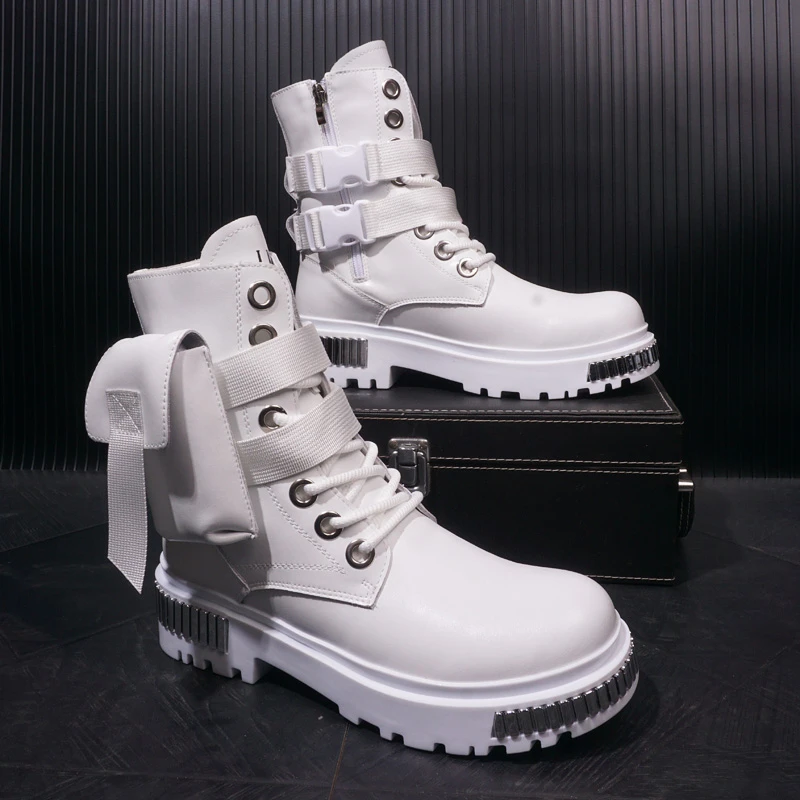 秋冬季加绒韩版短靴男士鞋英伦真皮靴子潮流骑士厚底内增高马丁靴