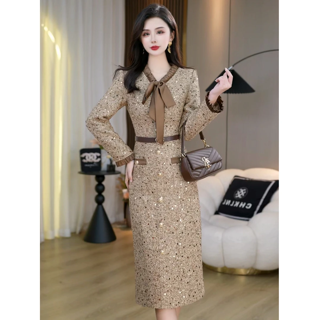 秋冬小香风蝴蝶结绑带重工亮片粗花呢收腰显瘦长款连衣裙 C5716