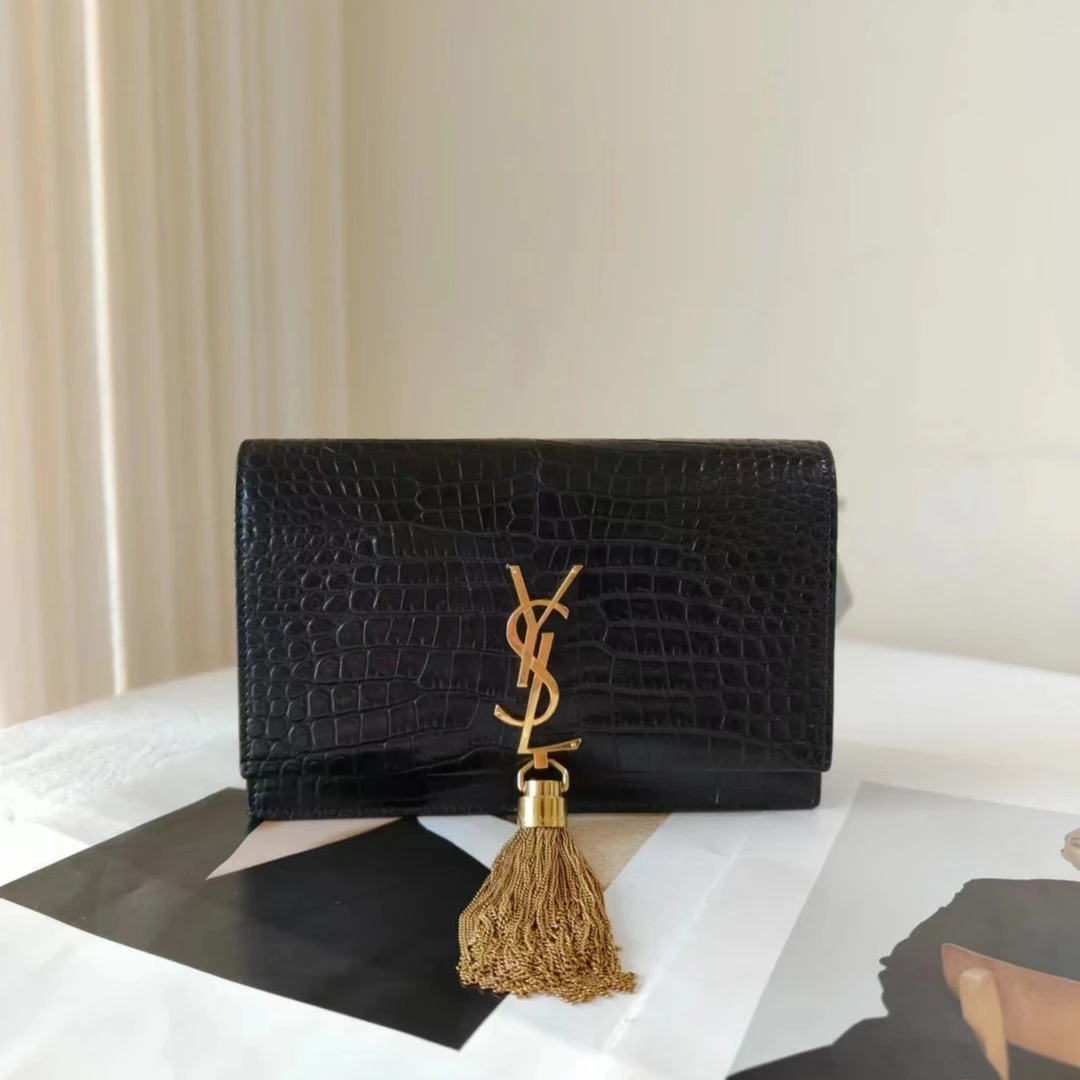 99新 YSL/圣罗兰 鳄鱼压纹流苏小号黑金/斜挎包/甄选