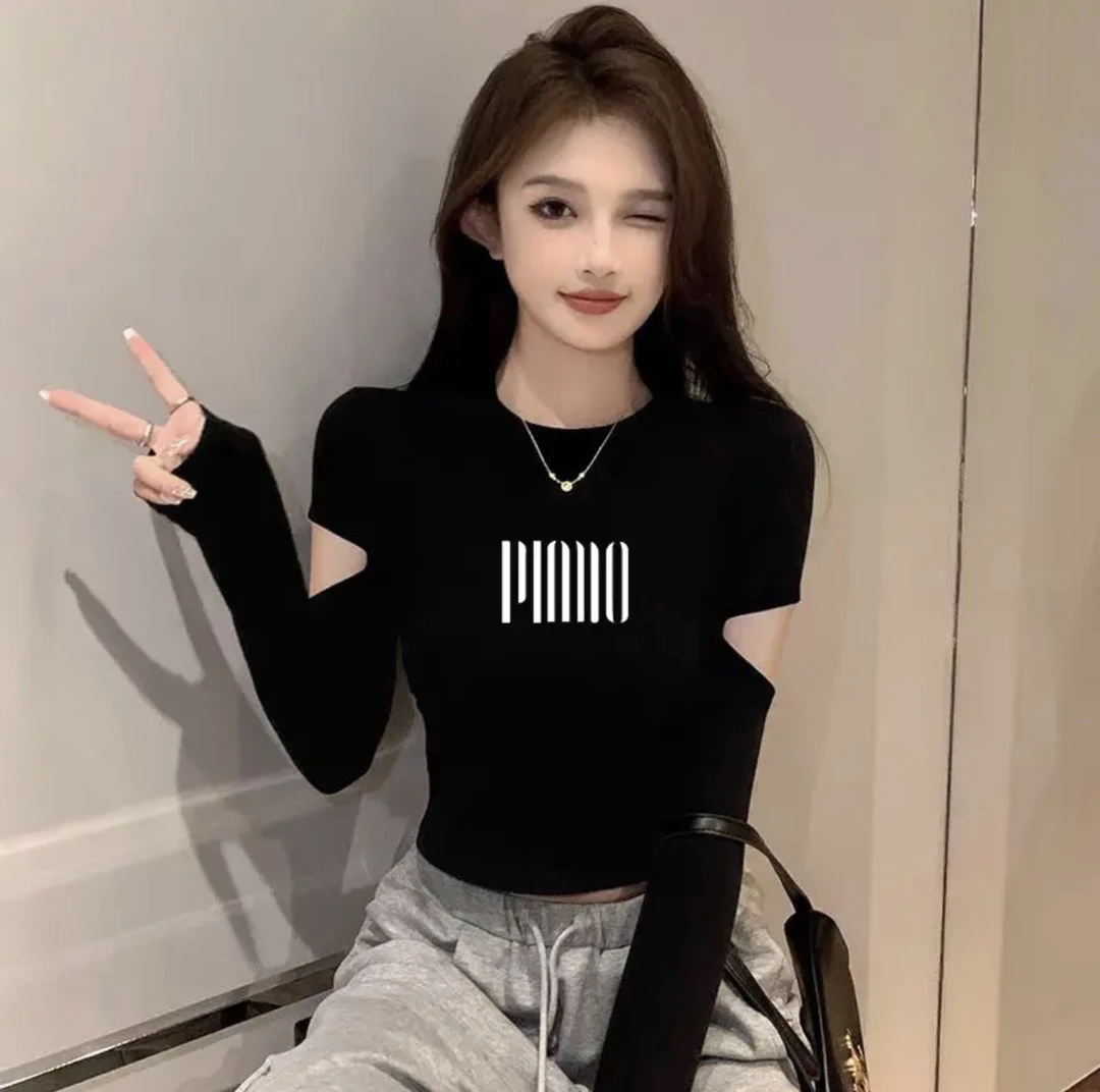 洋气修身辣妹感秋季割破袖圆领短款打底衫女高腰长袖t恤上衣