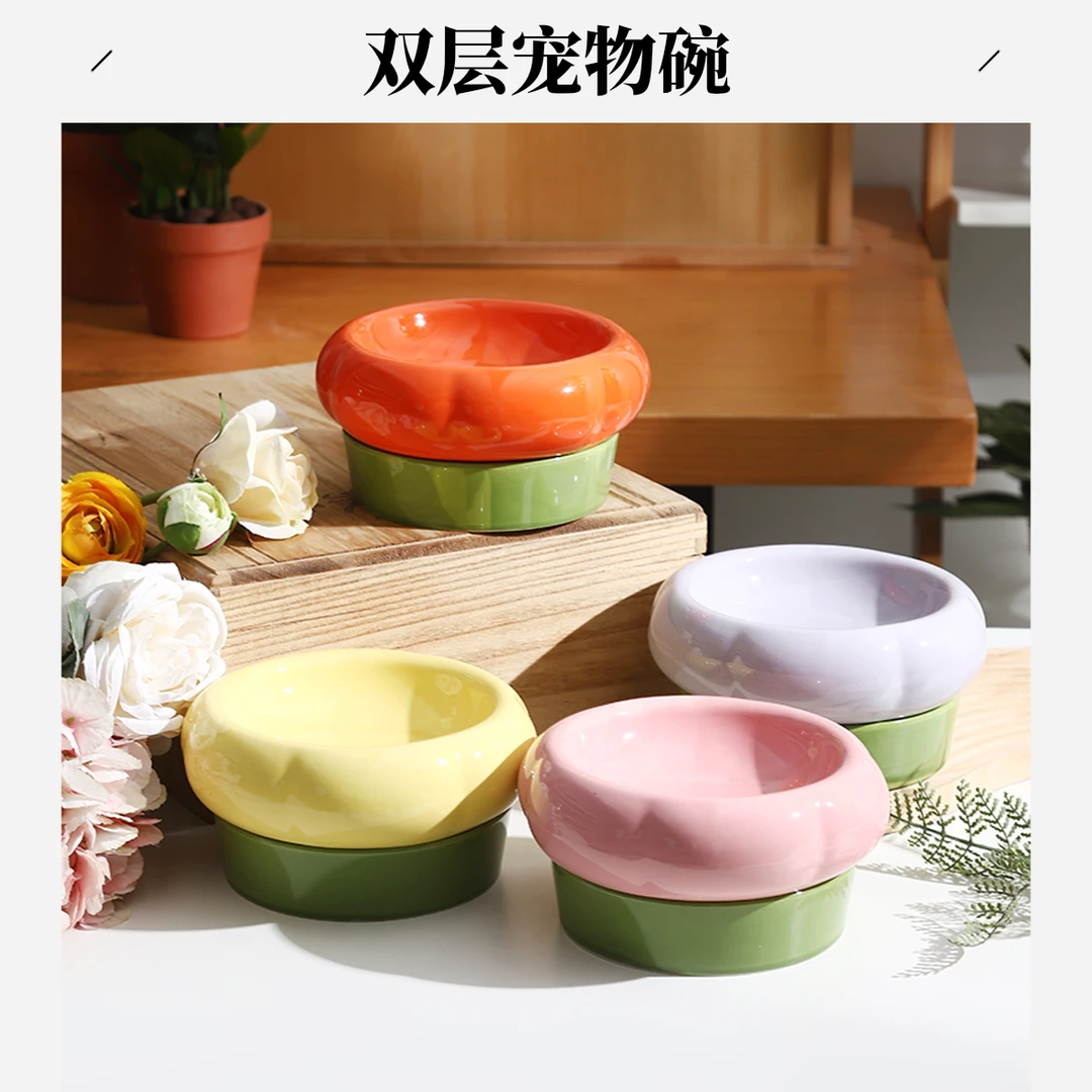 猫碗陶瓷两用粮食饮水碗防打翻罐头盘双层食盆喝水碗狗狗饭碗