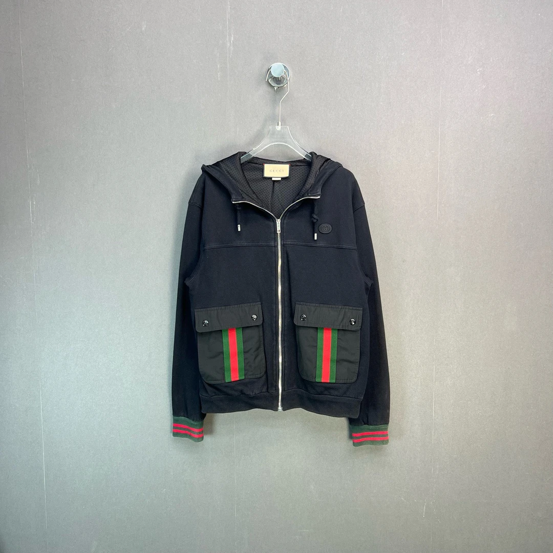 95新 GUCCI/古驰 S码/经典三色刺绣连帽黑色外套/9984479