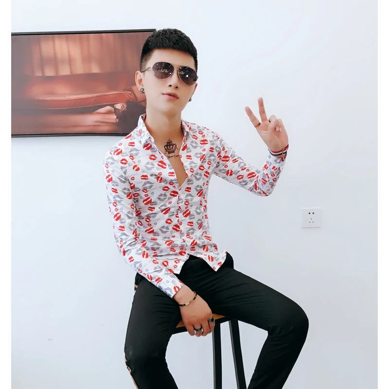 2020新款衬衫男士长袖青年时尚印花休闲秋季衬衣发型师帅气潮衬衣