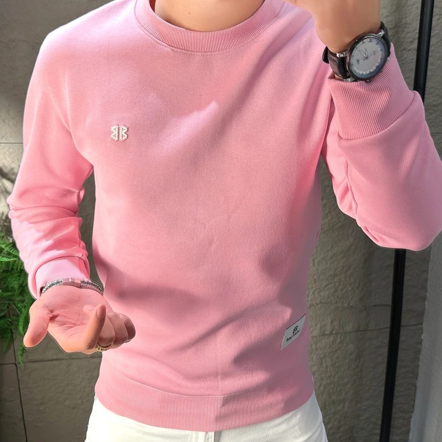 欧洲站潮牌粉色圆领卫衣男春秋2024新款简约时尚刺绣修身长袖帅气