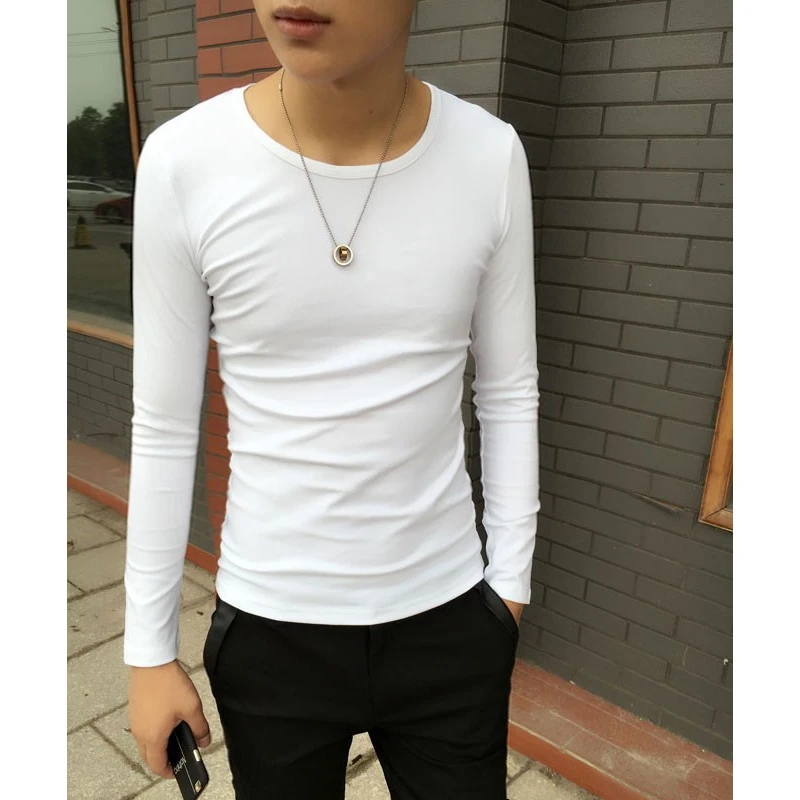 男士长袖t恤春秋季健身青年修身百搭流行纯色圆领休闲上衣打底衫