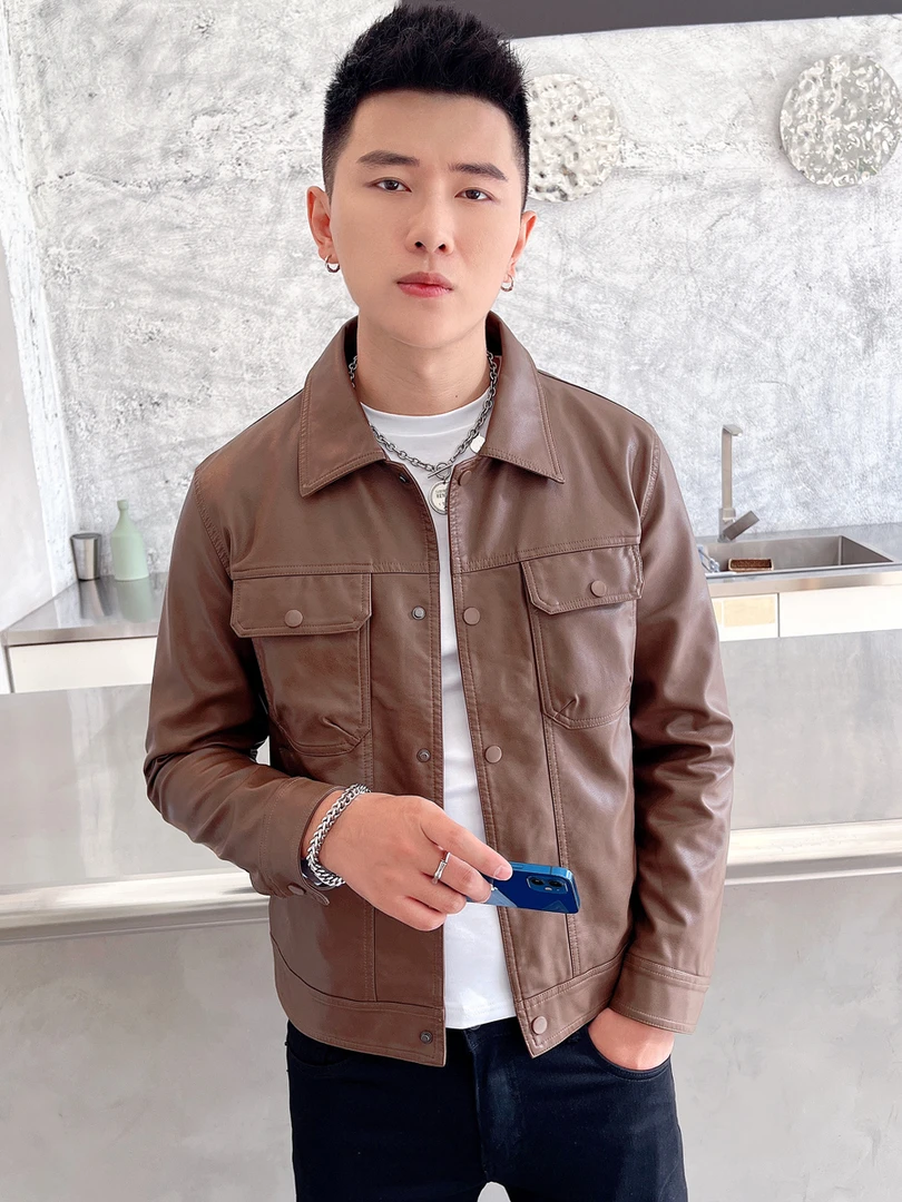 美拉德穿搭秋季新款男士翻领皮衣夹克潮流修身外套百搭男装皮夹克