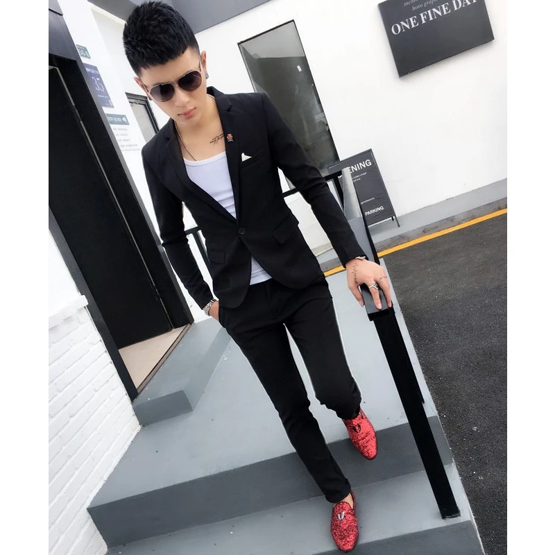 休闲小西服男外套韩版潮修身帅气西装套装发型师英伦风高档两件套