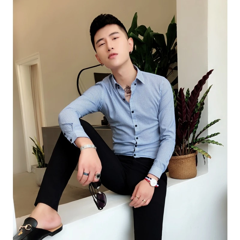 2024秋季小个子男装衬衫高级感痞帅条纹长袖韩版修身免烫潮男衬衣