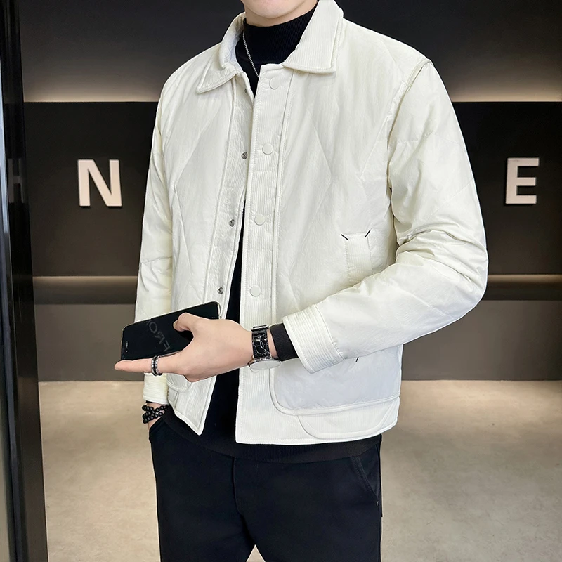 翻领羽绒服男短款高端2024新款冬季青年50白鸭绒潮牌休闲夹克外套