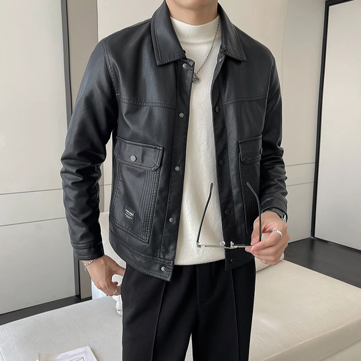 2025港风时尚拼接百搭潮流风个性工装外套春季休闲落肩翻领皮衣男