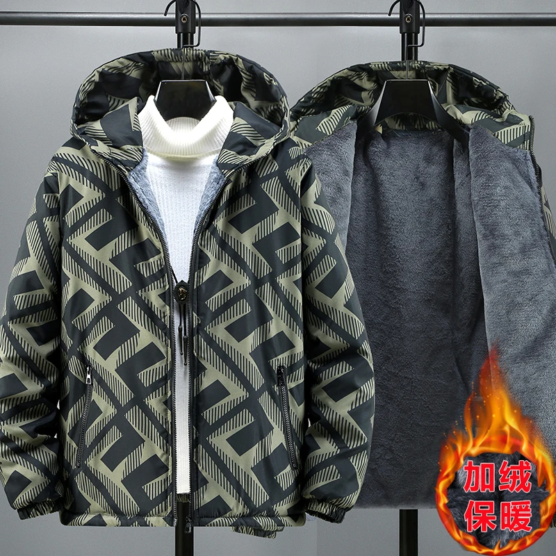 欧洲站潮牌印花秋冬外套个性青年加绒加厚男士夹克修身休闲棉衣男
