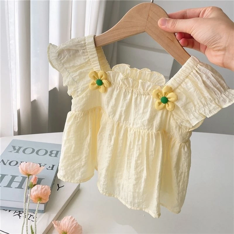 韩系女童娃娃衫时髦宽松宝宝洋气上衣小童短袖黄色花朵娃娃衫上衣