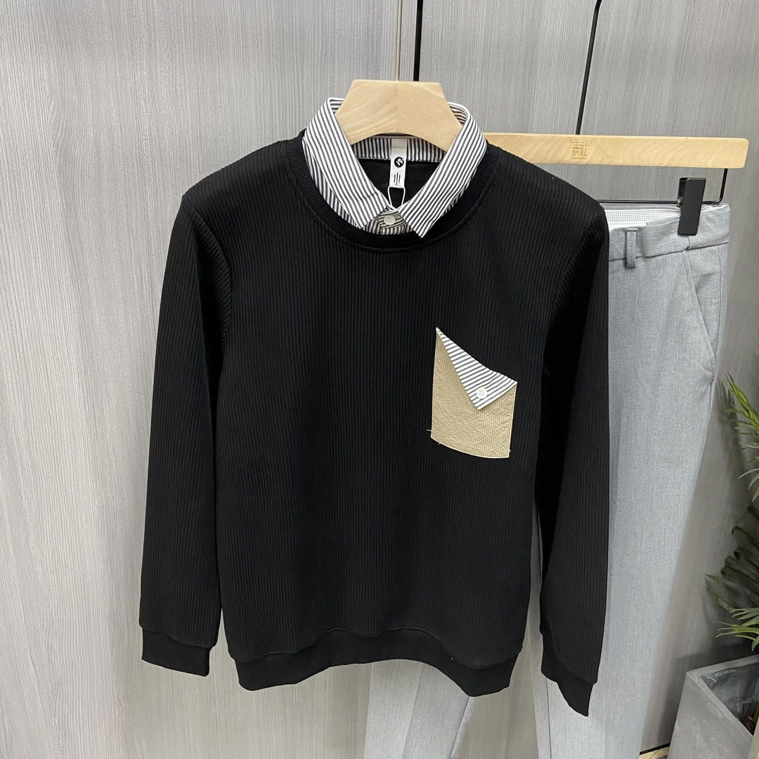 秋冬时尚套头假两件卫衣男衬衫领长袖韩版修身百搭轻奢男上衣外套