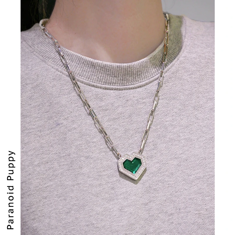 铜合金项链 满镶锆几何绿色爱心项链女小众设计感个性锁骨链