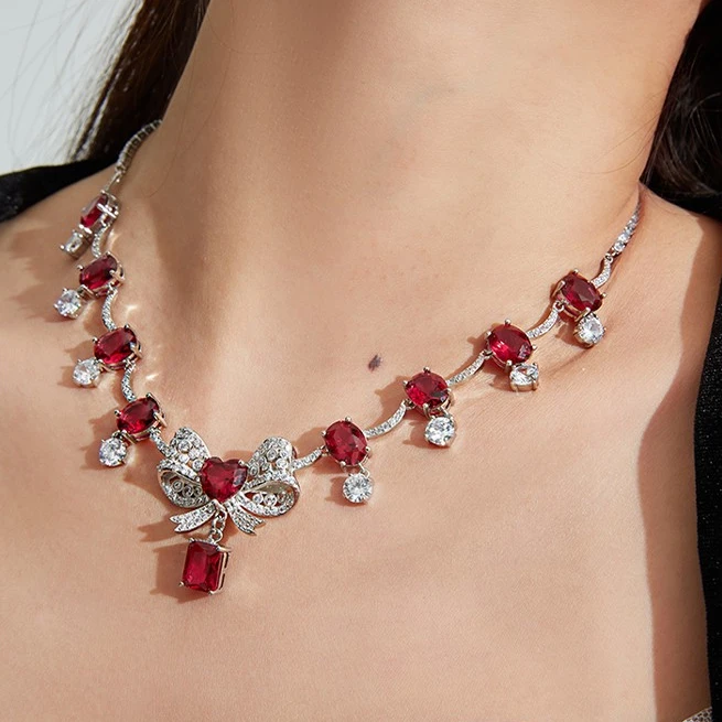 铜合金锆石项链 Crush&PP 重工法式蝴蝶结新年项链女轻奢小众红色