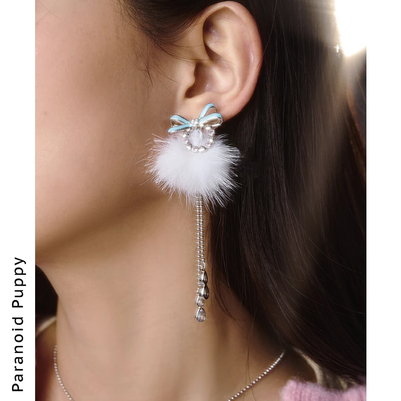 铜合金绒毛耳饰 1102 WKH线下联名款·《雪绒》韩系长款流苏毛球耳环