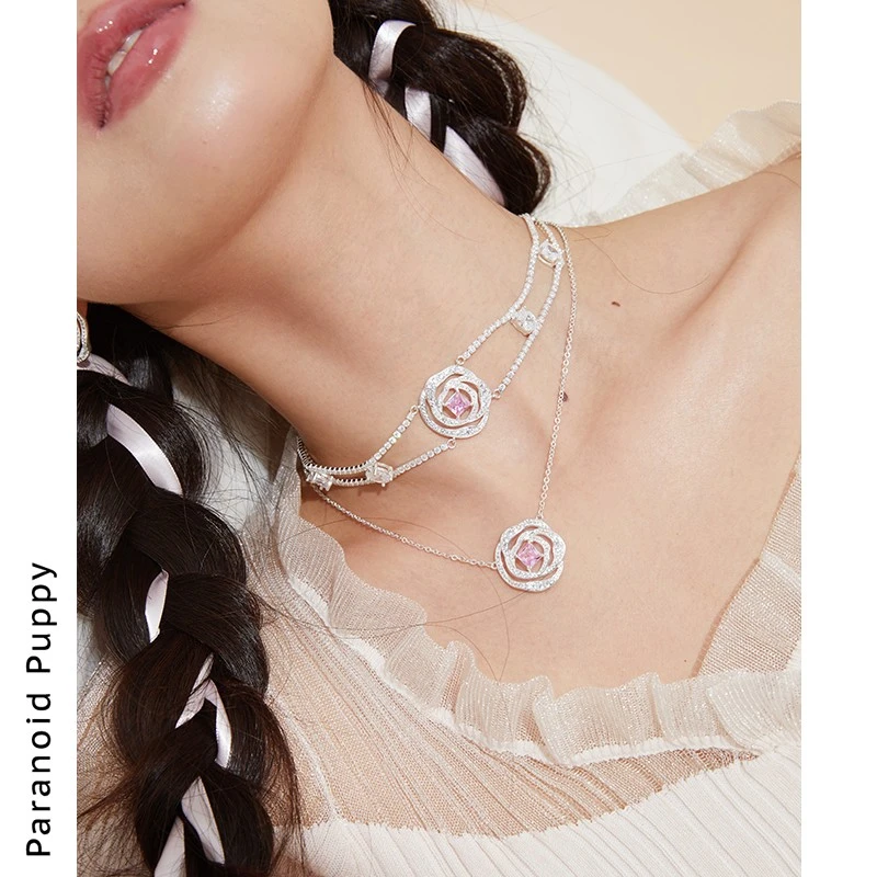 吊坠925银合成锆石 《薄雾玫瑰》双层项链女轻奢小众choker