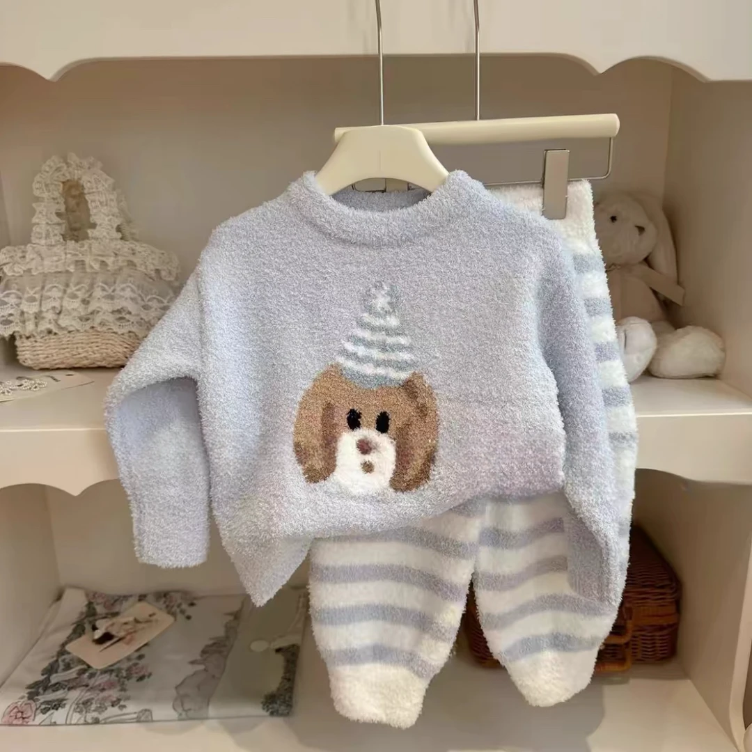 2025秋冬睡衣秋冬加厚儿童家居服套装女童珊瑚绒男童外穿冬两件套