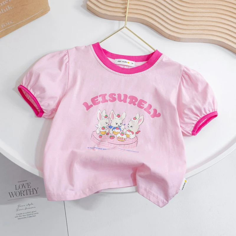 童装女童泡泡袖短袖T恤2025夏季新款中小童洋气短袖打底上衣纯棉t