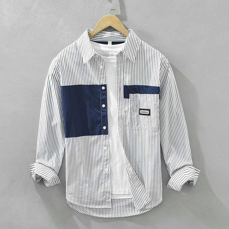 纯棉日系条纹长袖衬衫男士港风潮流宽松拼色休闲衬衣男装6619