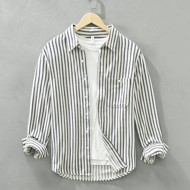 纯棉男士条纹宽松帅气衬衫百搭上衣男装春秋季衬衣时尚 6623