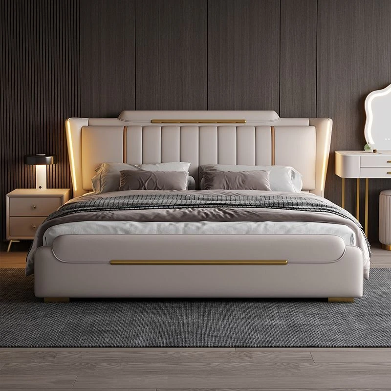 轻奢真皮床主卧松弛感大床简约双人床婚床1.8米高箱储物软包皮床