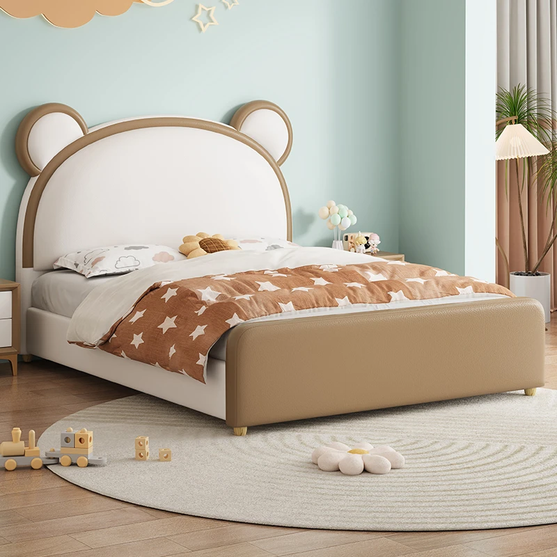 儿童床男孩青少年1.5米实木皮床卡通小熊男孩房间储物床网红单床